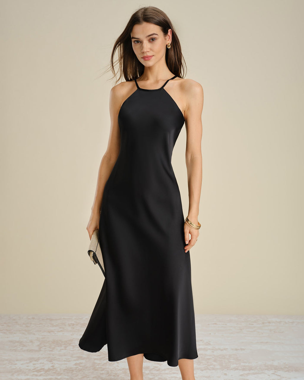Black Satin Midi Dress with Halter Tie