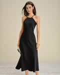 Black Satin Midi Dress with Halter Tie