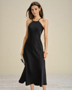 Black Satin Midi Dress with Halter Tie
