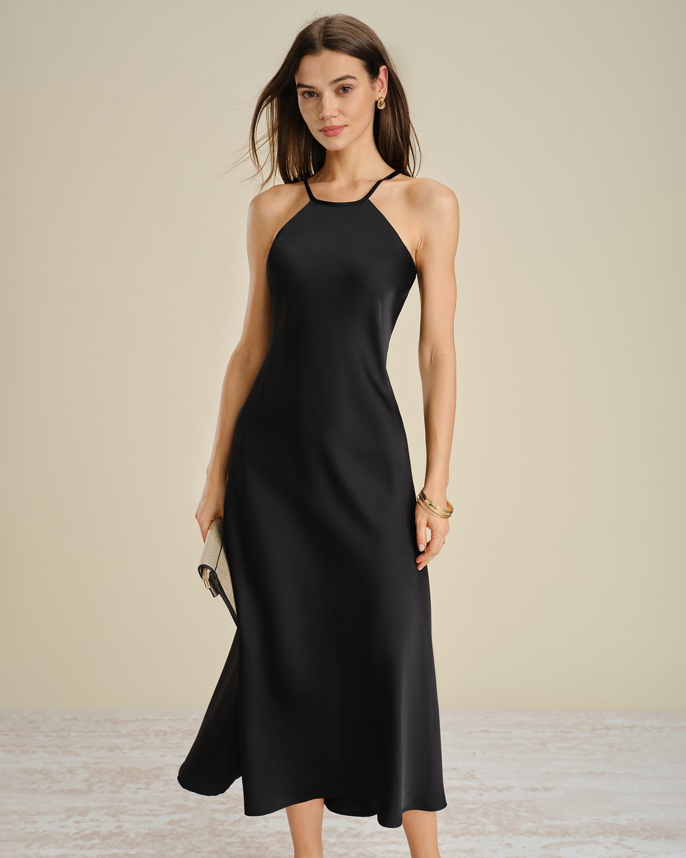 Black Satin Midi Dress with Halter Tie