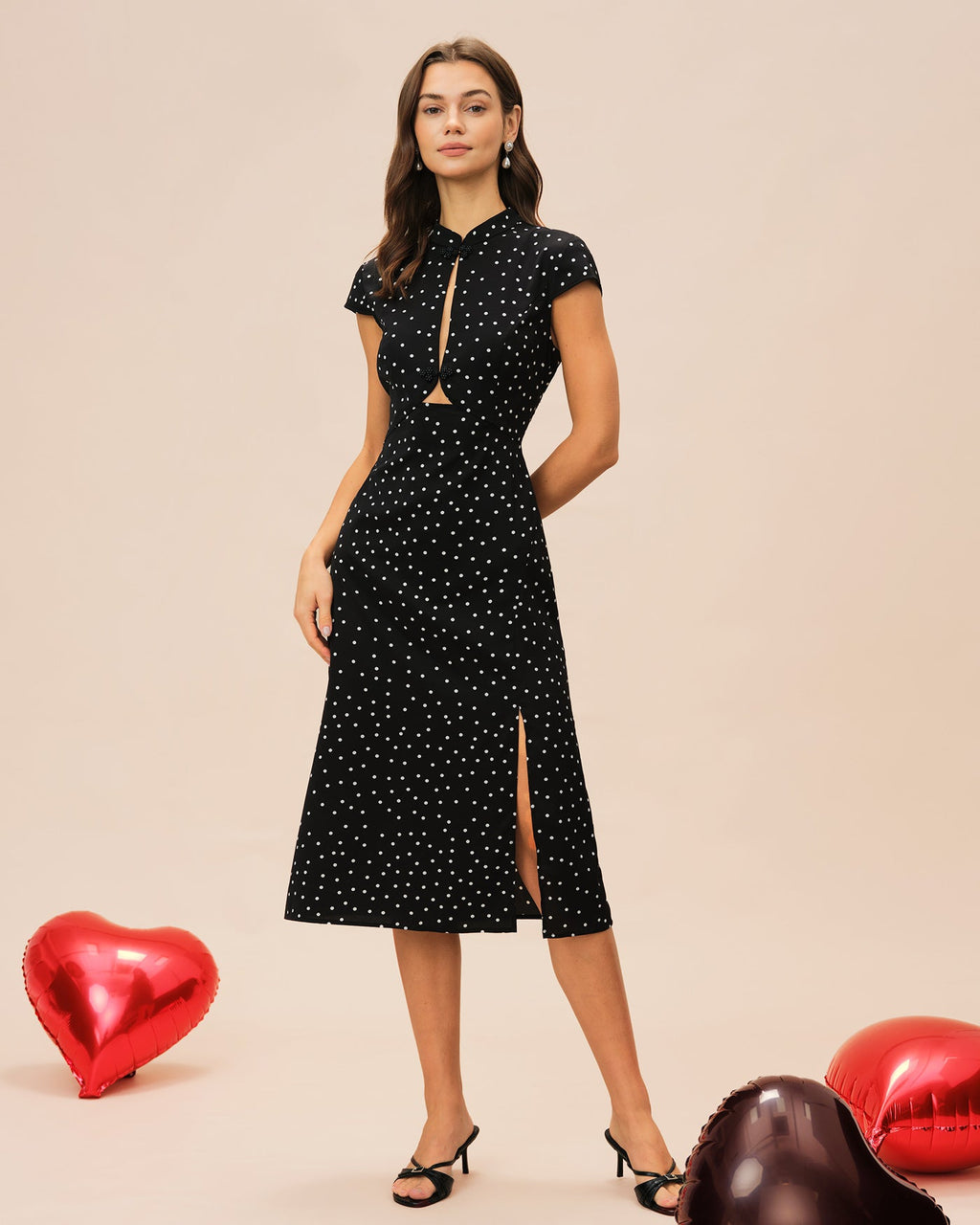 Polka Dot Midi Dress with Black Mandarin Collar