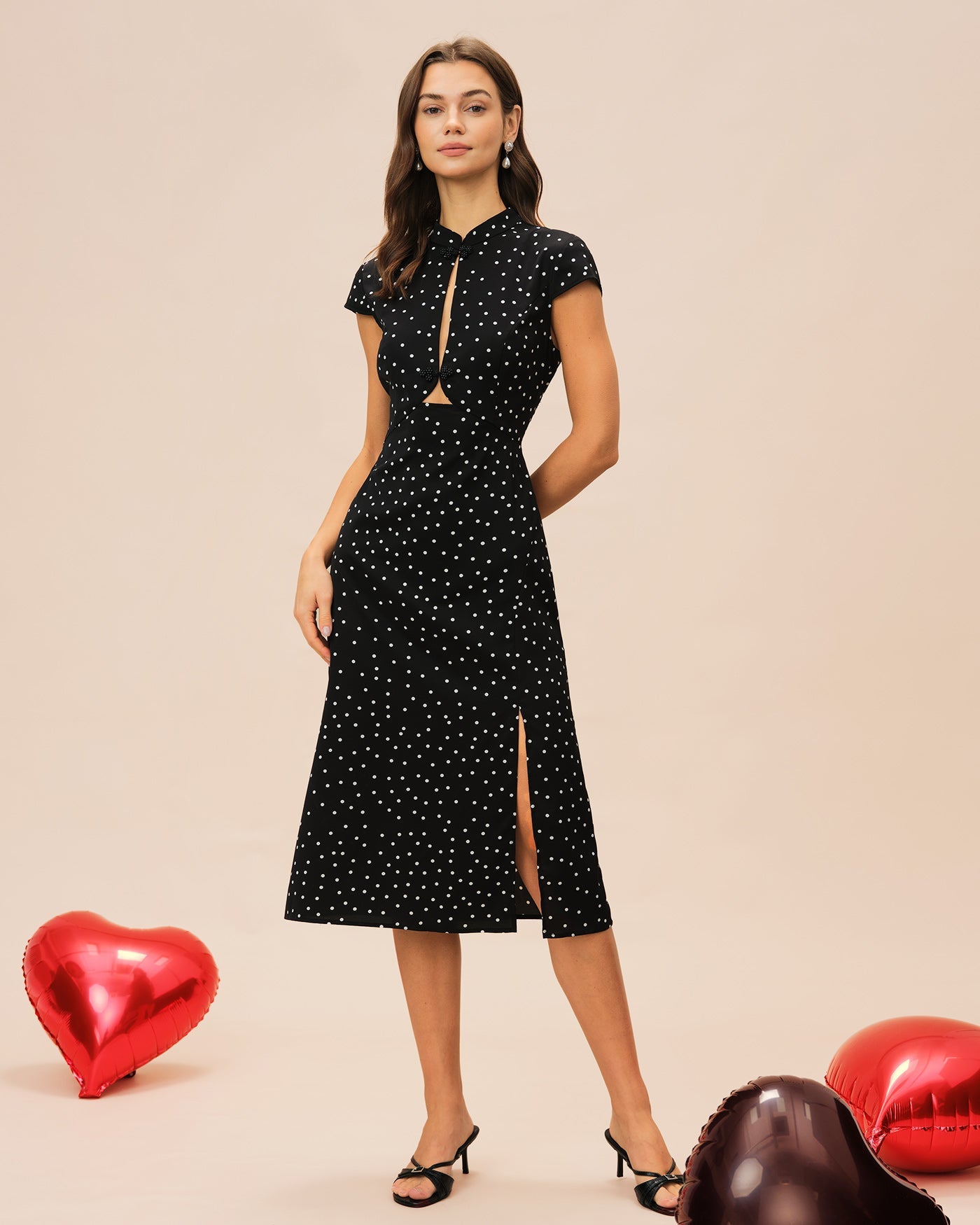 Polka Dot Midi Dress with Black Mandarin Collar