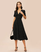 Polka Dot Midi Dress with Black V-Neck