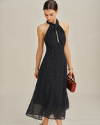 Polka Dot Halter Midi Dress in Black