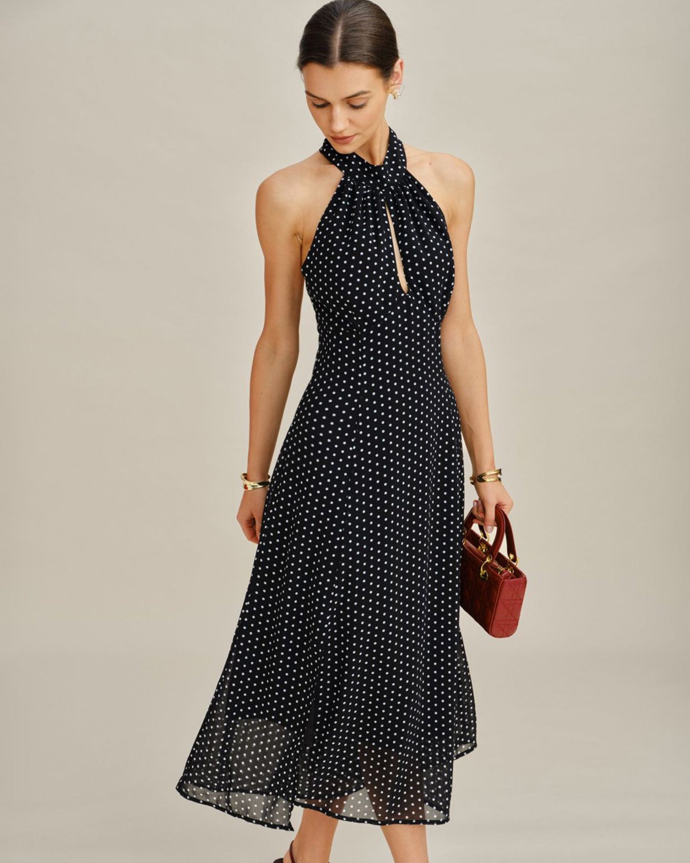 Polka Dot Halter Midi Dress in Black