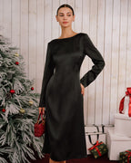 Backless Midi Dress in Black Satin with Boat Neck
