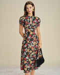 Floral Midi Dress with Puffed Sleeves in Black