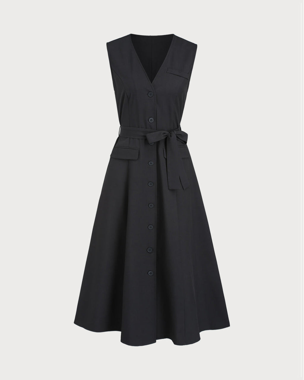 Black Sleeveless Midi Dress with V-Neck and Belt