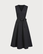 Black Sleeveless Midi Dress with V-Neck and Belt