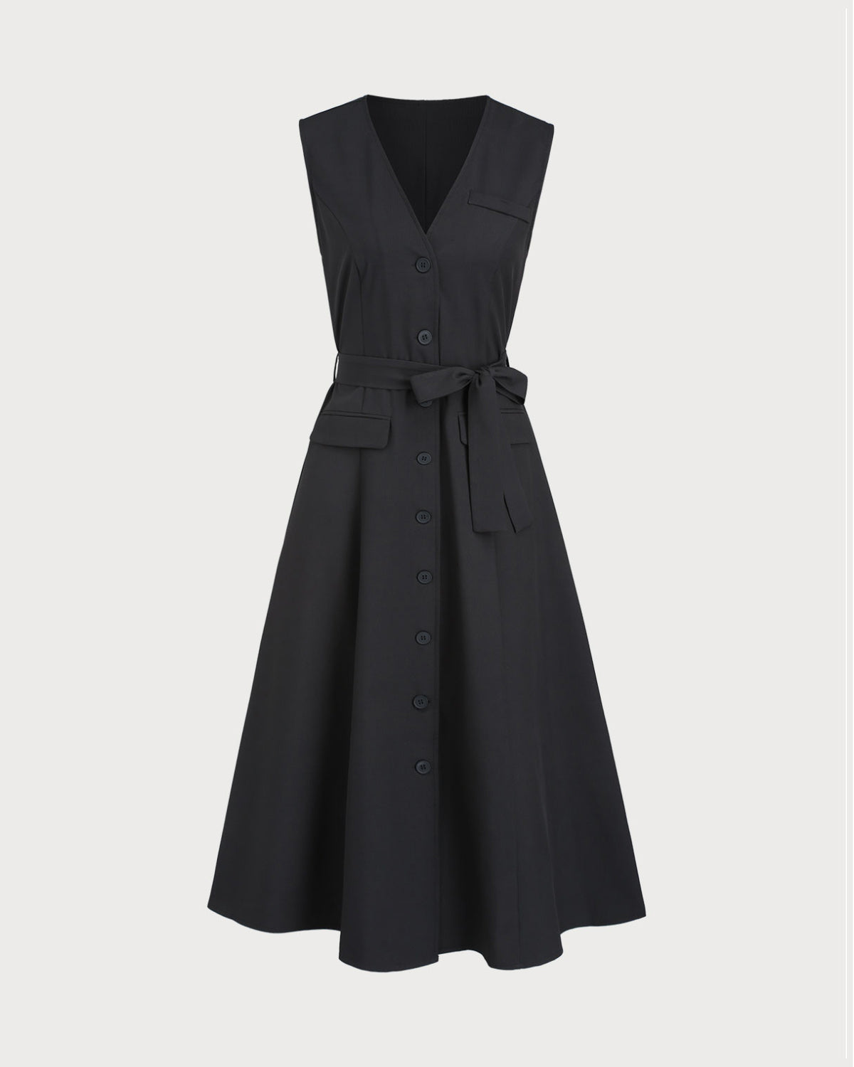 Black Sleeveless Midi Dress with V-Neck and Belt