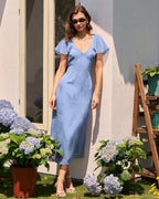 Floral Midi Dress with Blue Butterfly Sleeves