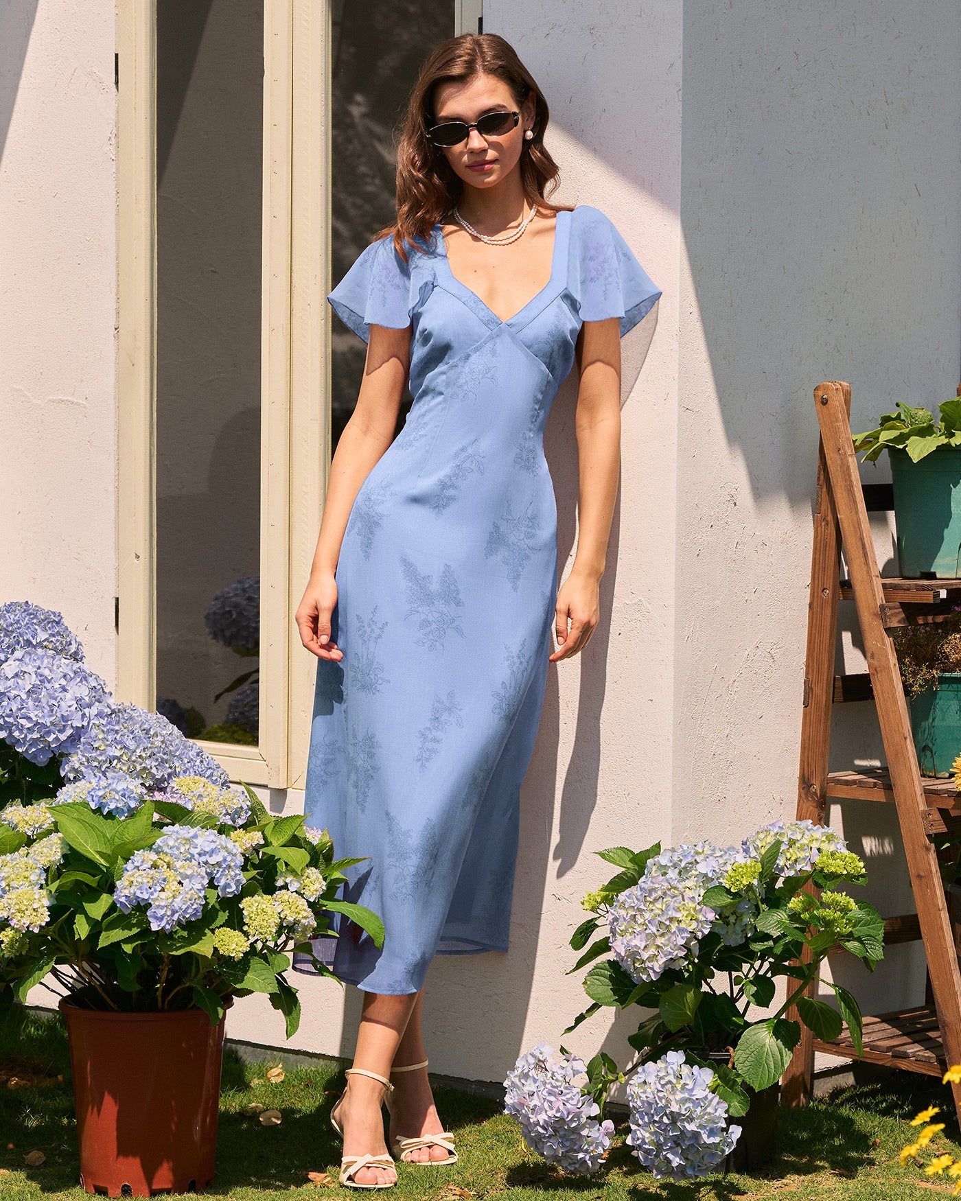 Floral Midi Dress with Blue Butterfly Sleeves
