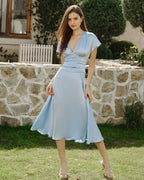 Pleated Midi Dress with Blue Drop Shoulders