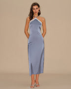 Blue Lace Midi Dress with Halter Neck