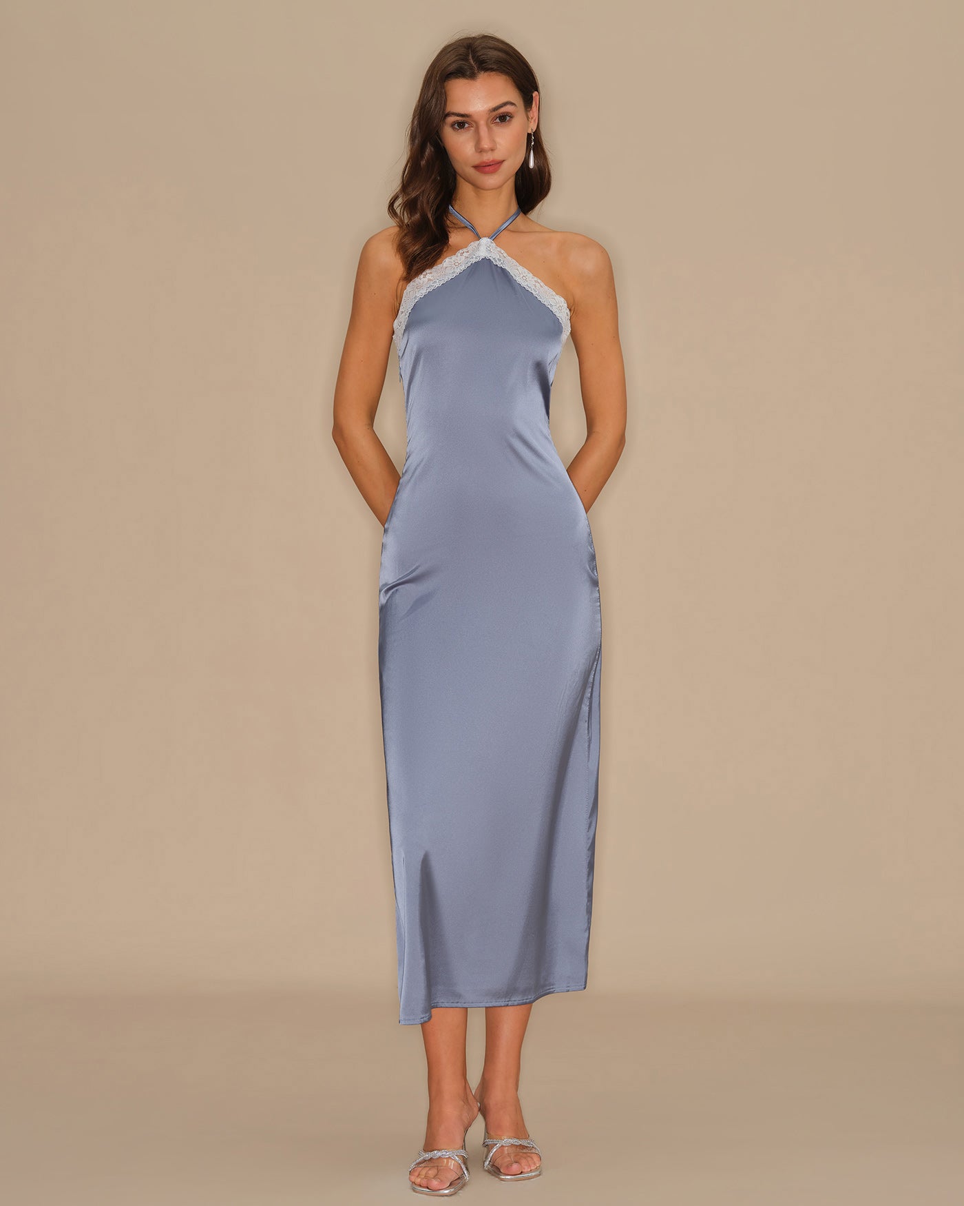 Blue Lace Midi Dress with Halter Neck