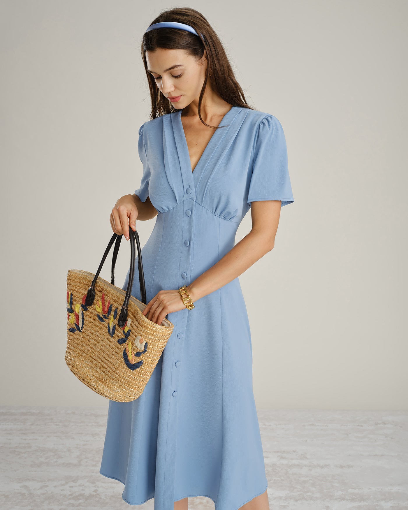 Ruched Blue Midi Dress with V-Neck and Button Details
