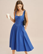 Blue Midi Dress with Square Neck and Pocket Details