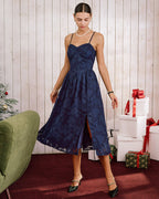 Blue Jacquard A-Line Midi Slip Dress