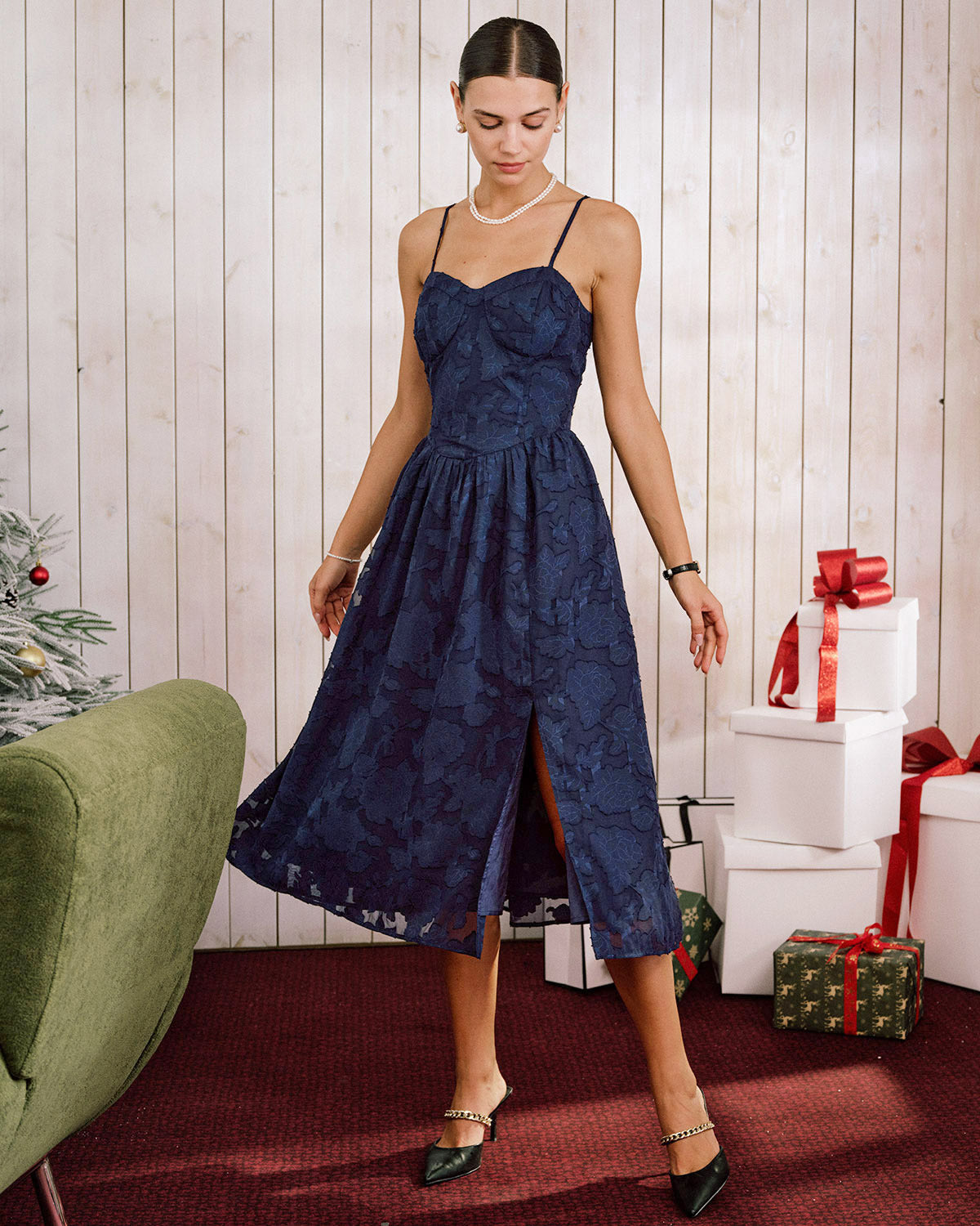 Blue Jacquard A-Line Midi Slip Dress