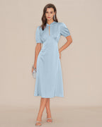 Backless Satin Midi Dress with Blue Puffed Sleeves