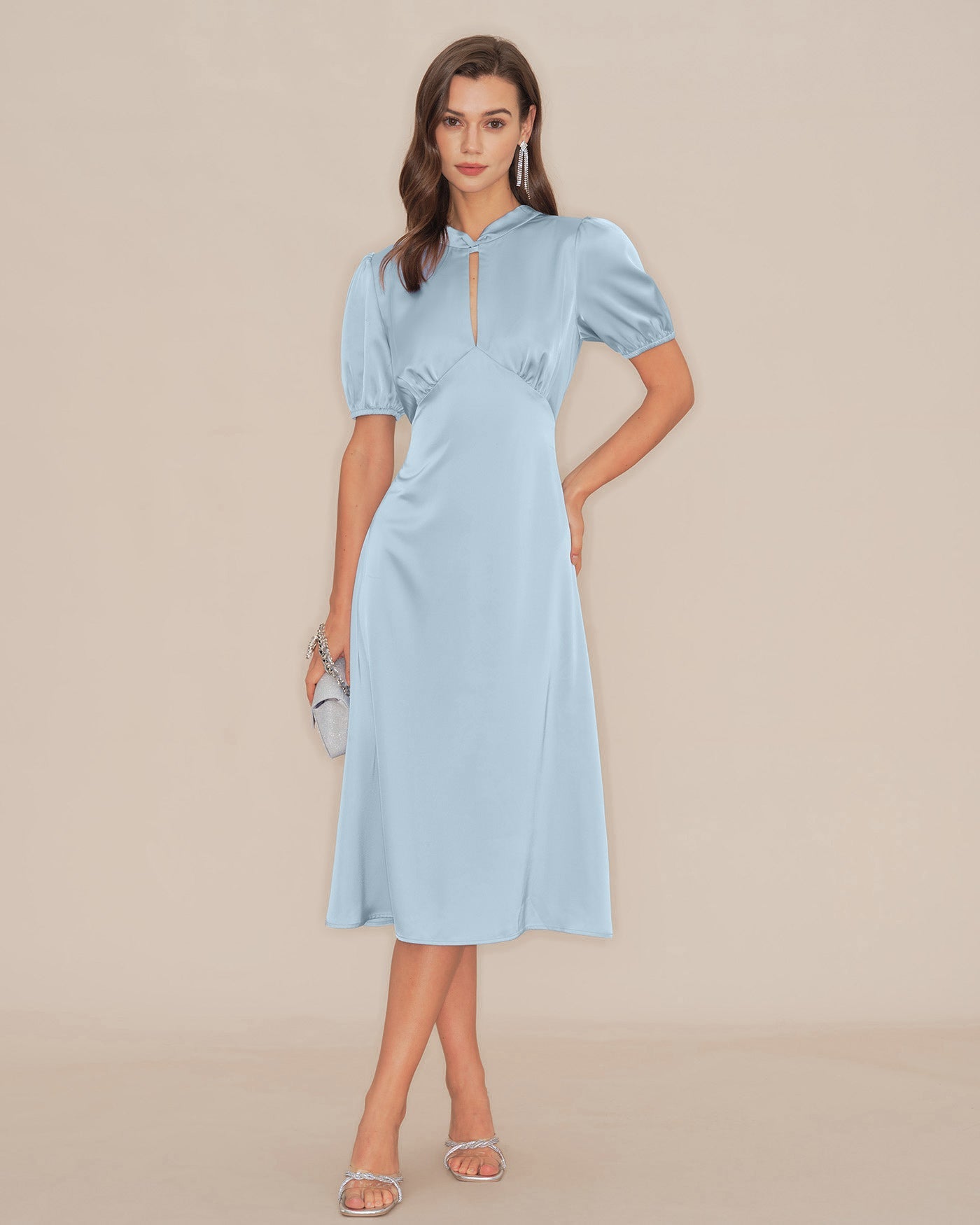 Backless Satin Midi Dress with Blue Puffed Sleeves