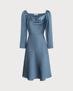 Blue A-Line Midi Dress with Cowl Neck