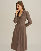 Brown Midi Dress with A-Line Pleats