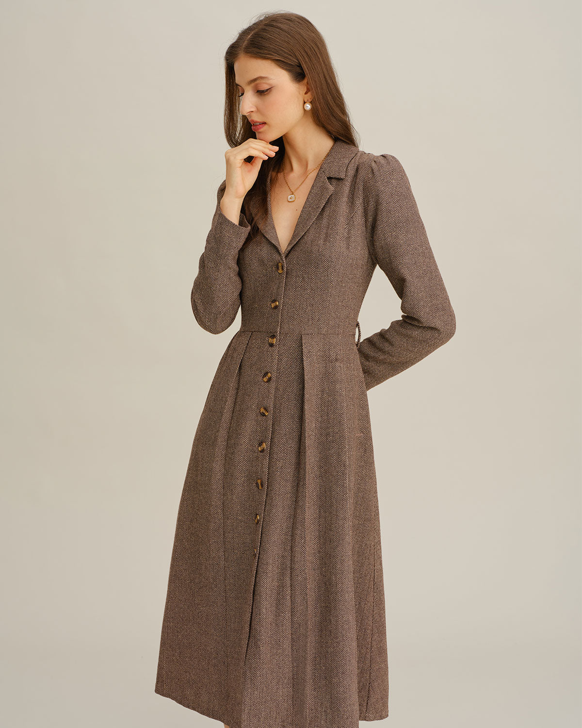 Brown Midi Dress with A-Line Pleats