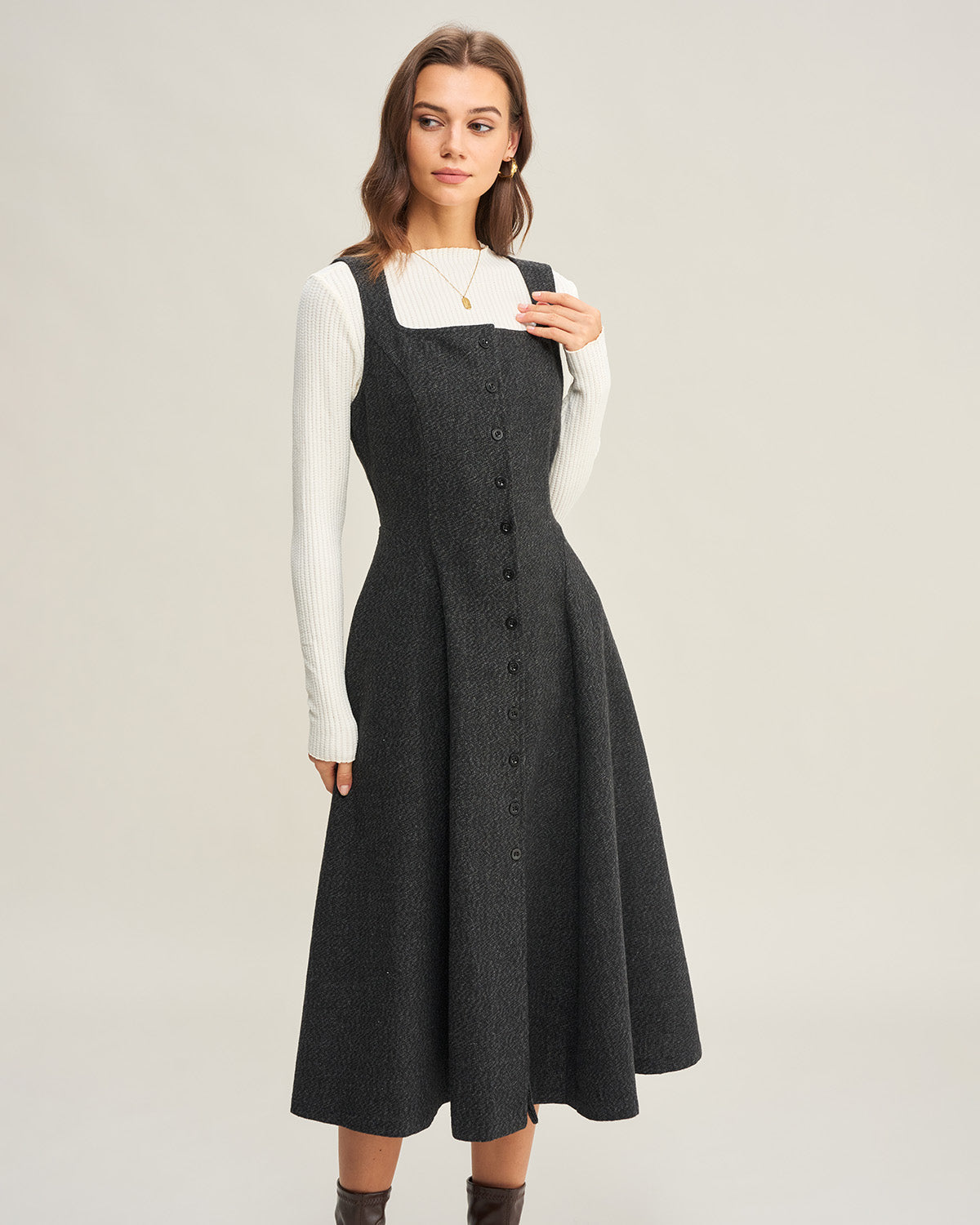 Sleeveless Midi Dress in Grey Tweed
