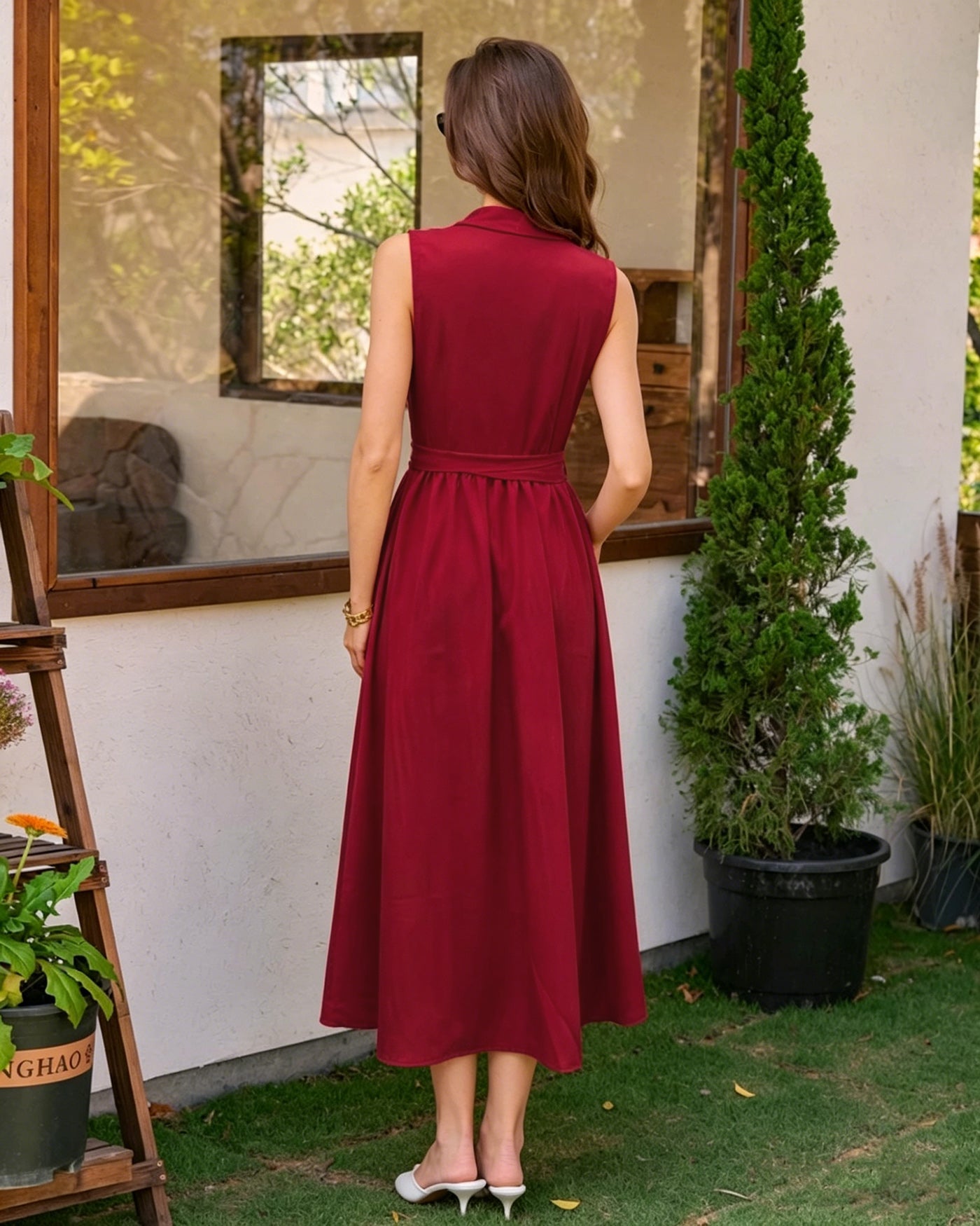 Red Button-Up Midi Dress with Collar