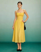 Yellow A-Line Midi Dress with Shirred Details