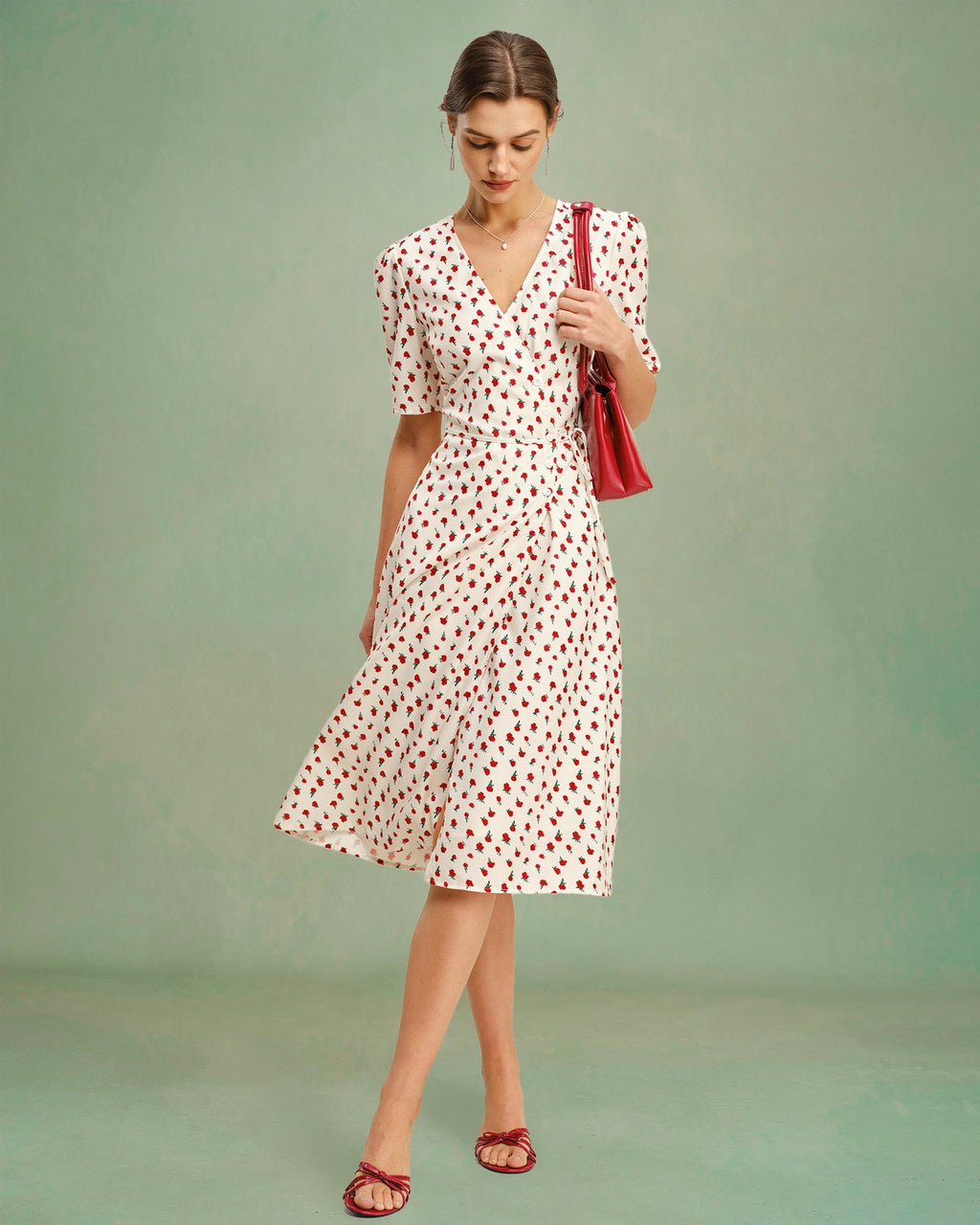V-Neck Midi Dress in Apricot Floral Print