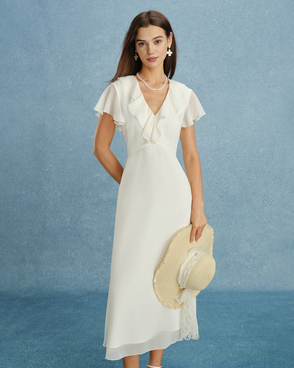 Apricot V-Neck Chiffon Midi Dress with Ruffle Details