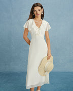 Apricot V-Neck Chiffon Midi Dress with Ruffle Details