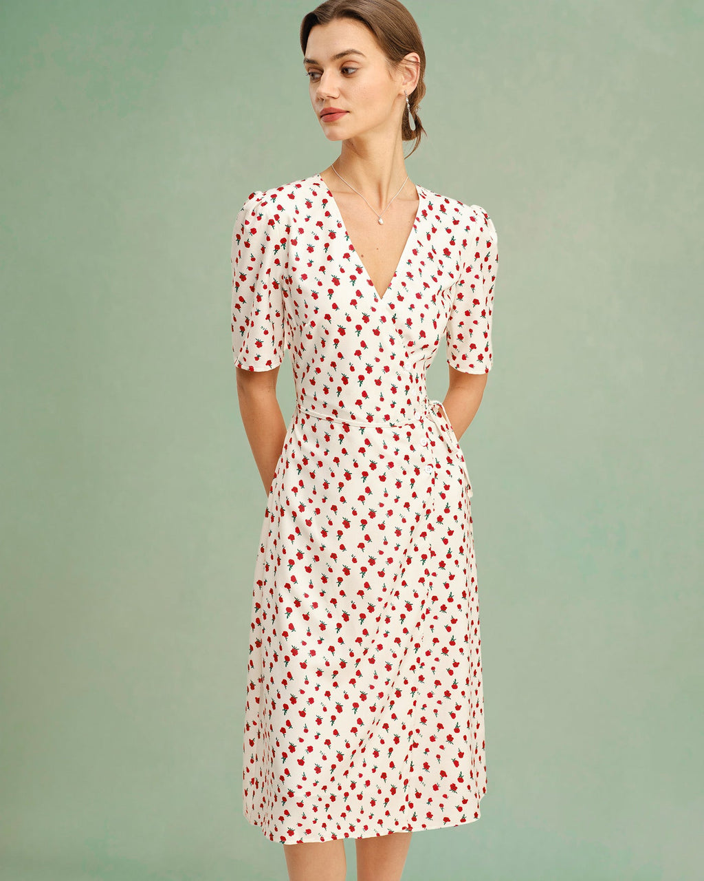 V-Neck Midi Dress in Apricot Floral Print
