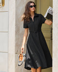 Black Midi Dress with A-Line Silhouette and Belt