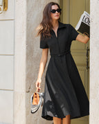 Black Midi Dress with A-Line Silhouette and Belt
