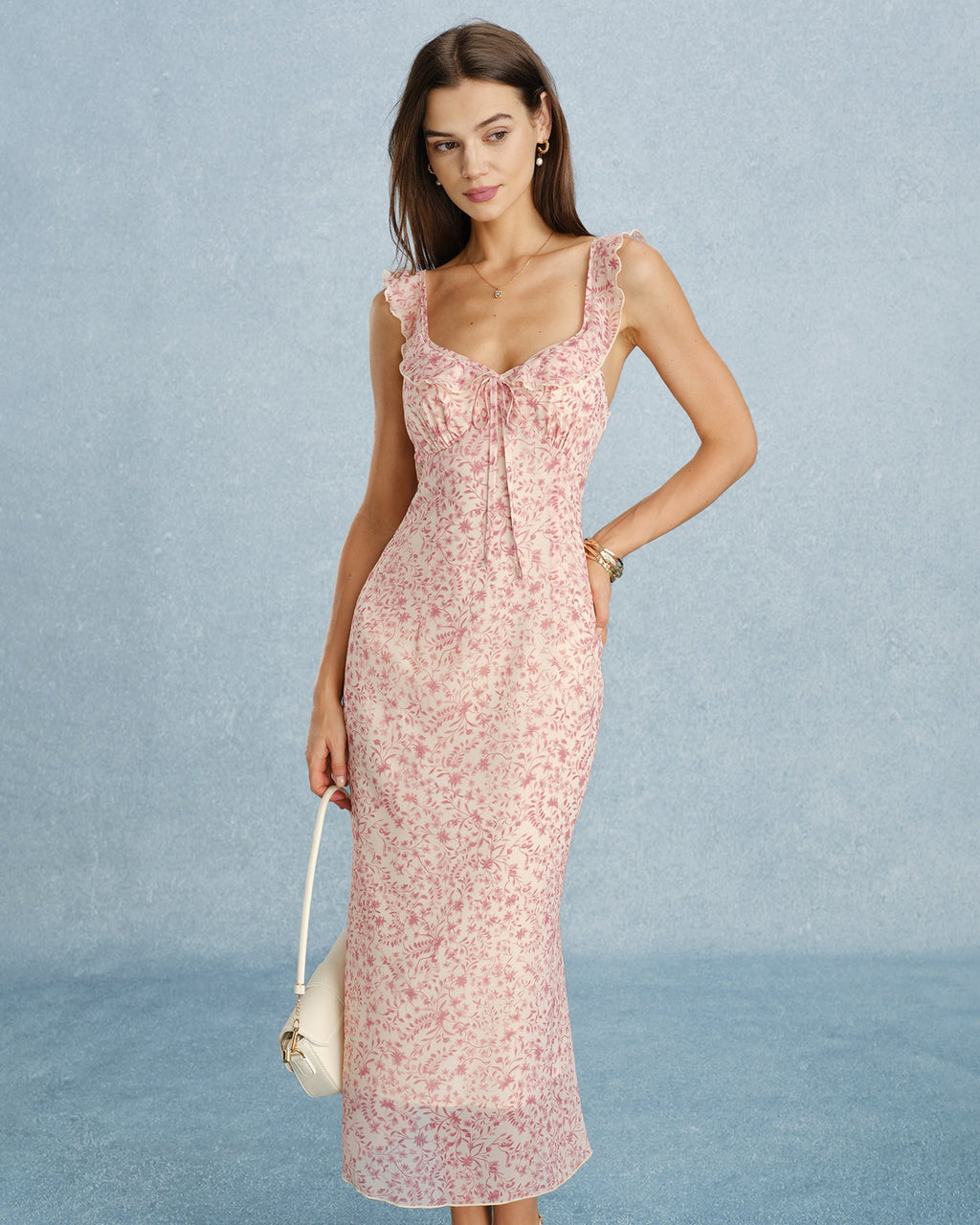 Pink V-Neck Ruffled Midi Dress with Tie Detail