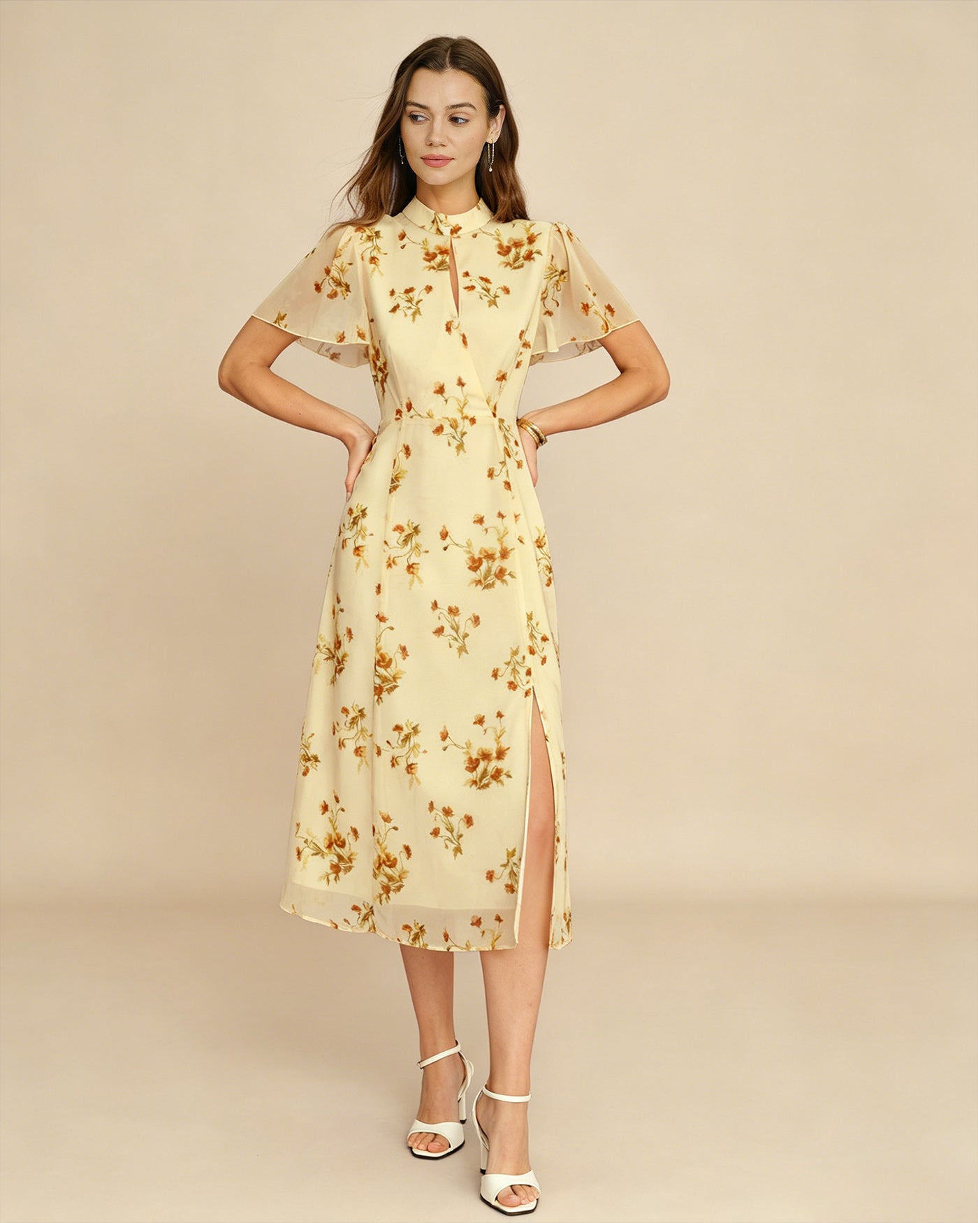 Floral Midi Dress with Yellow Turtle Butterfly Sleeves