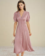 Pink Satin Midi Dress with Lace Accents