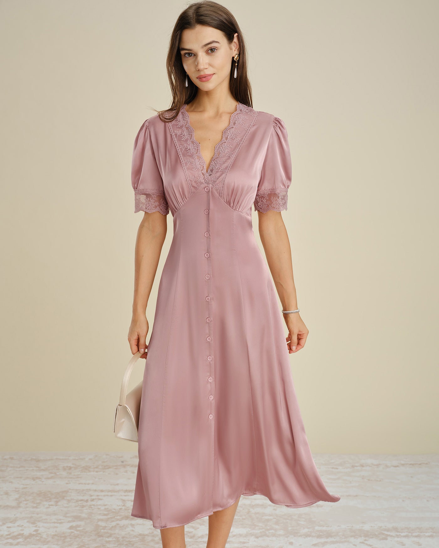 Pink Satin Midi Dress with Lace Accents