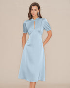 Backless Satin Midi Dress with Blue Puffed Sleeves