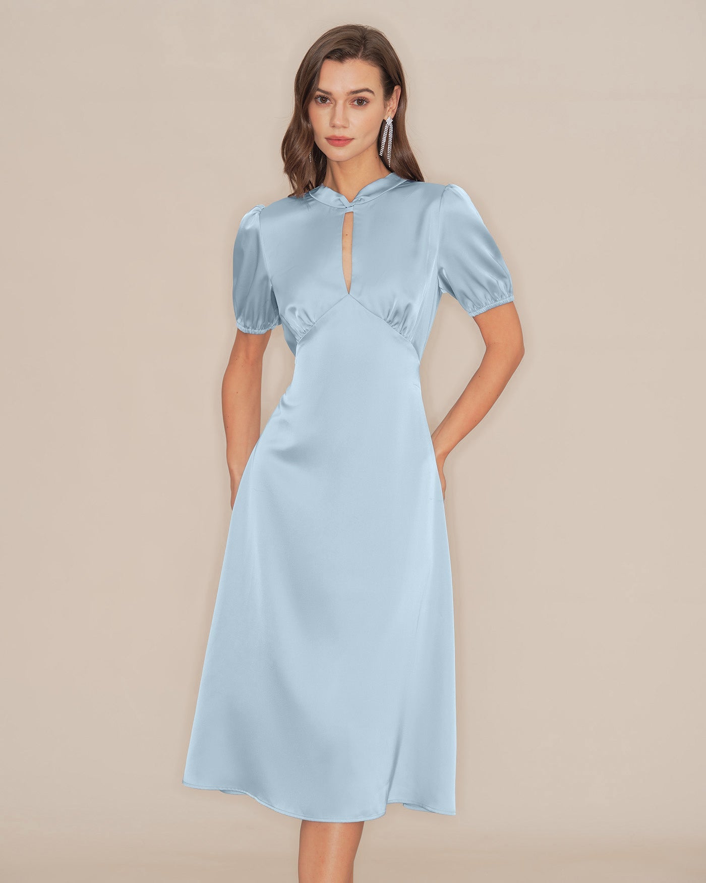Backless Satin Midi Dress with Blue Puffed Sleeves