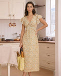 Floral Ruffle Midi Dress in Yellow with V-Neck