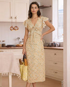 Floral Ruffle Midi Dress in Yellow with V-Neck