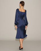 Navy Satin V-Neck Ruched Midi Dress