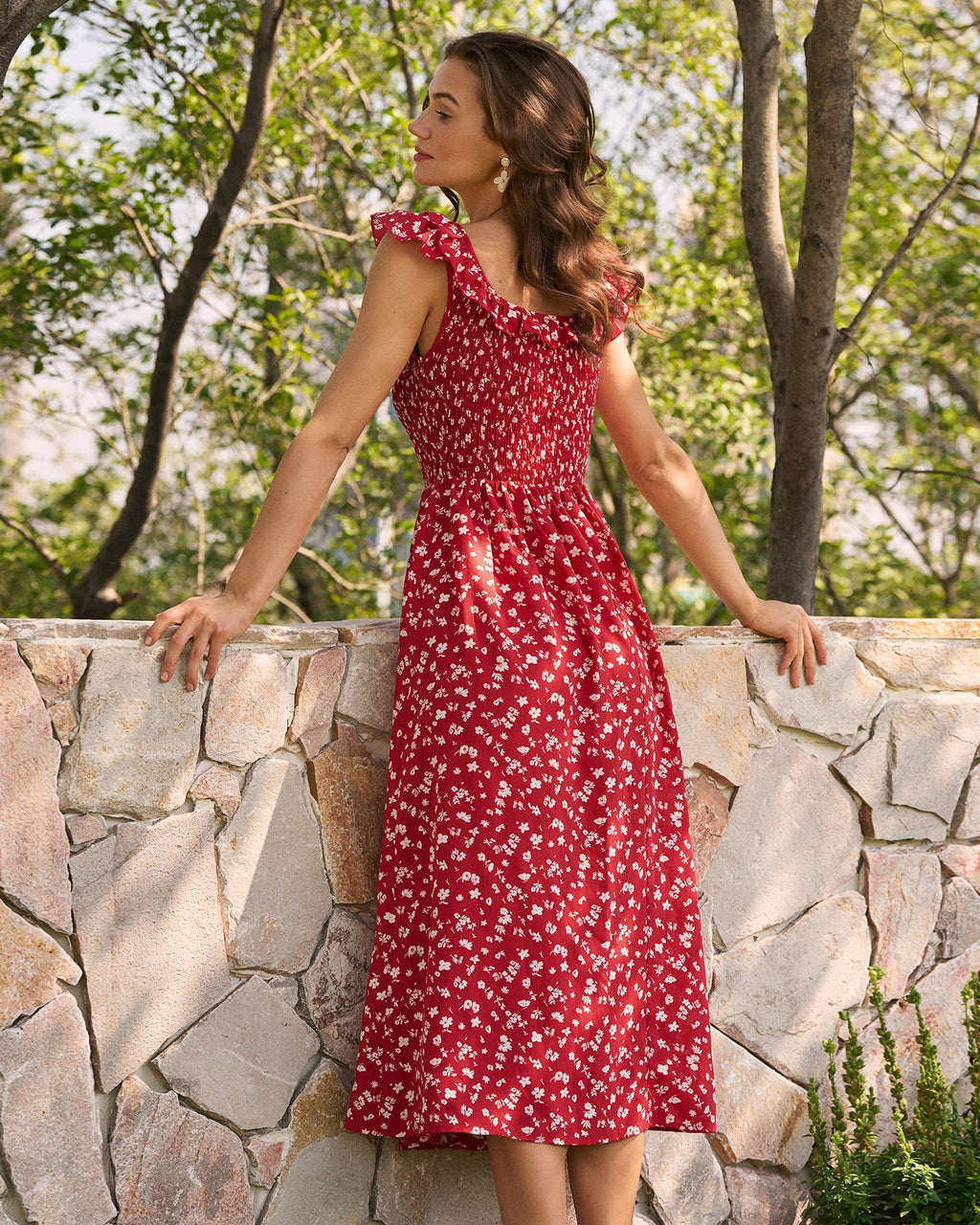 Floral Midi Dress with Red Square Neck