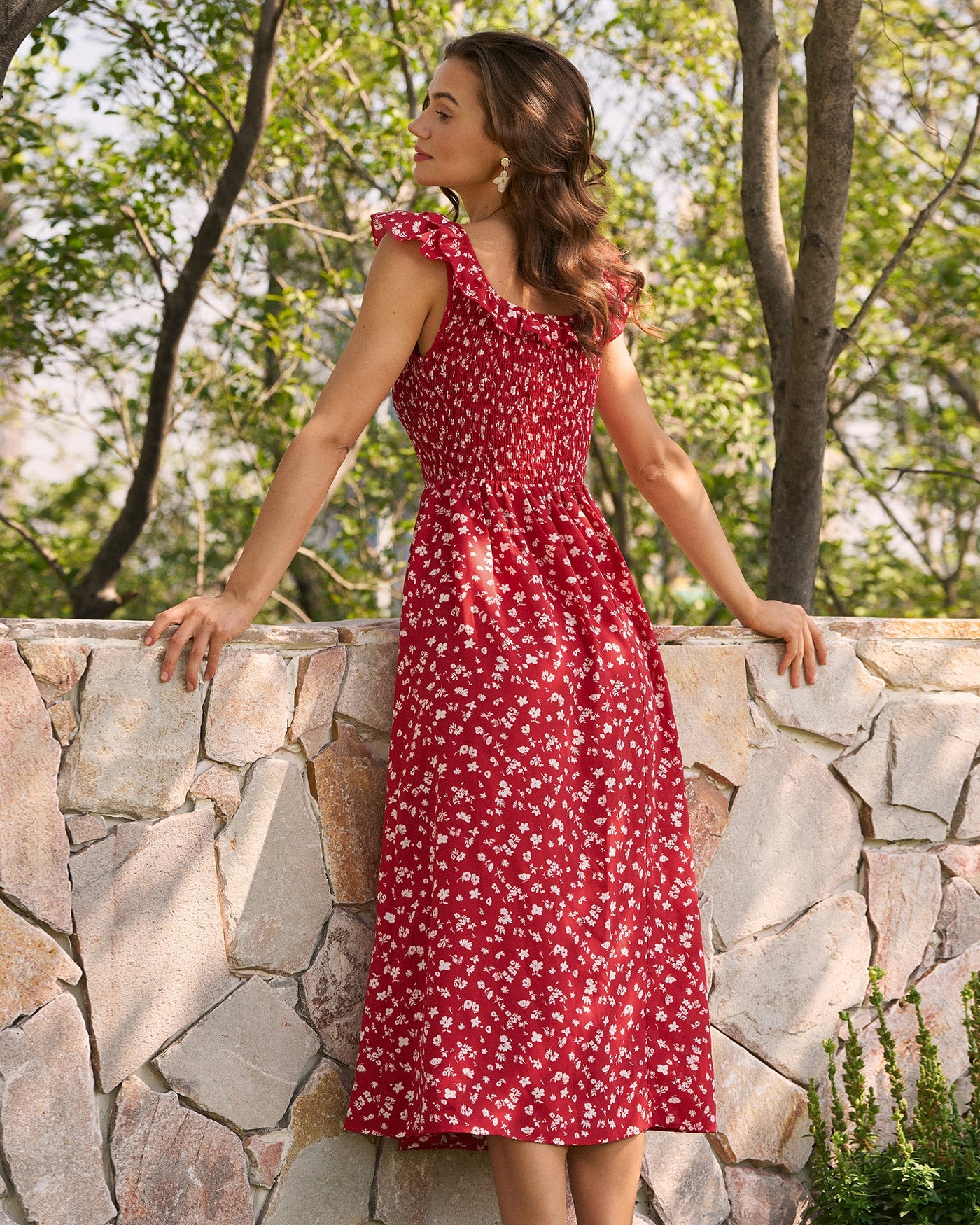 Floral Midi Dress with Red Square Neck