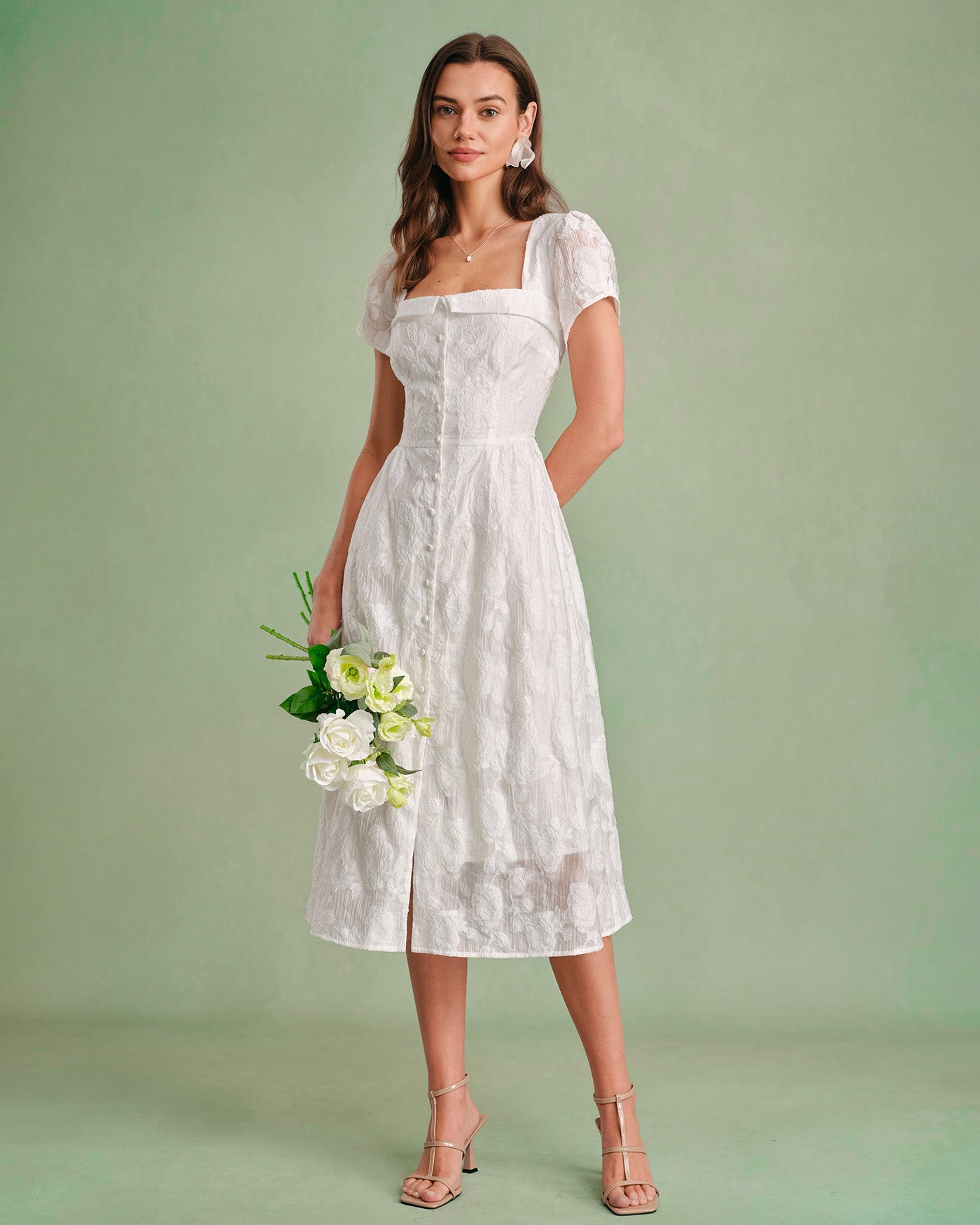 White Cross-Back Square Neck Midi Dress