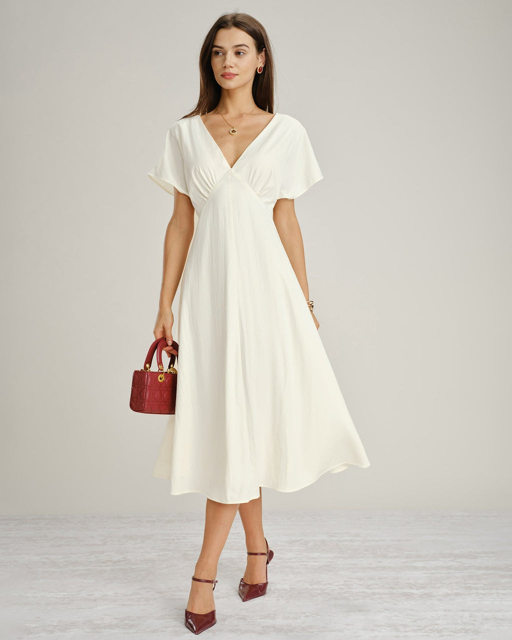Apricot V-Neck Midi Dress with Cowl Sleeves